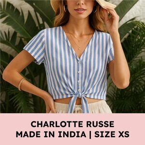 Charlotte Russe Button-Front Tie-Hem Top 100% Cotton Striped Nautical Coastal XS